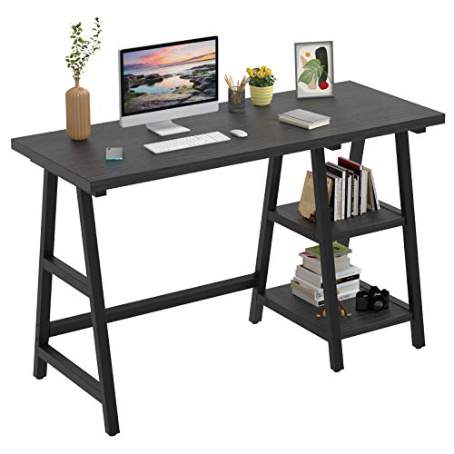 Foxemart Trestle Computer Desk 47 Inch Study Writing Home Office Desk with Storage Shelves, 2-Tier 47” Modern Sturdy PC Laptop Gaming Desk, Multifunctional Wooden Work Table, Black