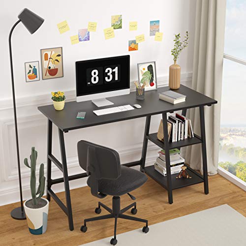 Foxemart Trestle Computer Desk 47 Inch Study Writing Home Office Desk with Storage Shelves, 2-Tier 47” Modern Sturdy PC Laptop Gaming Desk, Multifunctional Wooden Work Table, Black