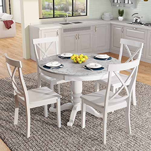 5 Piece Round Dining Table Set, Marble Top Kitchen Table Sets Dinette Set for 4 Include Marble Veneer Round Kitchen Table and 4 Chairs for Small Space (White)