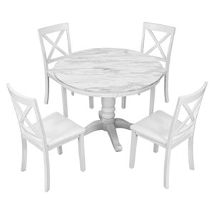 5 Piece Round Dining Table Set, Marble Top Kitchen Table Sets Dinette Set for 4 Include Marble Veneer Round Kitchen Table and 4 Chairs for Small Space (White)