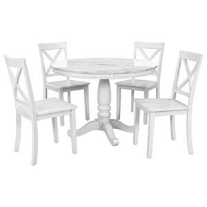 5 Piece Round Dining Table Set, Marble Top Kitchen Table Sets Dinette Set for 4 Include Marble Veneer Round Kitchen Table and 4 Chairs for Small Space (White)