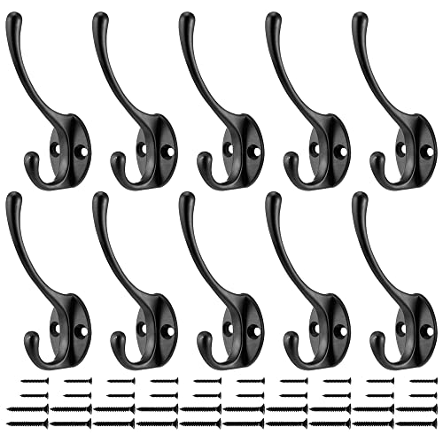 POSURI 10 Pack Heavy Duty Dual Coat Hooks Wall Mounted with 40 Screws, Utility Metal Hooks Retro Double Hooks Wall Hanging Zinc Die Cast Robe Hooks for Coat, Bag, Scarf, Towl, Cap, Cup, Key