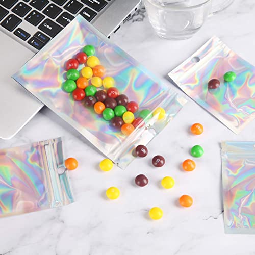 Malastar 3x4.7 inch 100PCS Resealable Smell Proof Bags,Holographic Packaging Bags, Foil Pouch baggies Clear Small Mylar Ziplock Bag for Jewelry,Lip Gloss,Food Storage and Party Favor