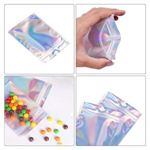 Malastar 3x4.7 inch 100PCS Resealable Smell Proof Bags,Holographic Packaging Bags, Foil Pouch baggies Clear Small Mylar Ziplock Bag for Jewelry,Lip Gloss,Food Storage and Party Favor