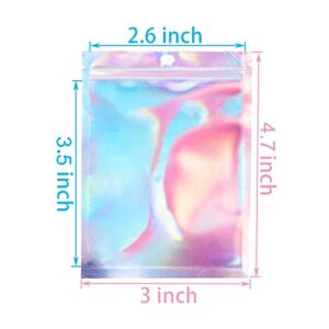 Malastar 3x4.7 inch 100PCS Resealable Smell Proof Bags,Holographic Packaging Bags, Foil Pouch baggies Clear Small Mylar Ziplock Bag for Jewelry,Lip Gloss,Food Storage and Party Favor