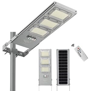 lovus 800w commercial solar street light, outdoor solar flood light dusk to dawn with remote control and motion sensor for parking lot, highway, garage, wall or pole mount, st150-038