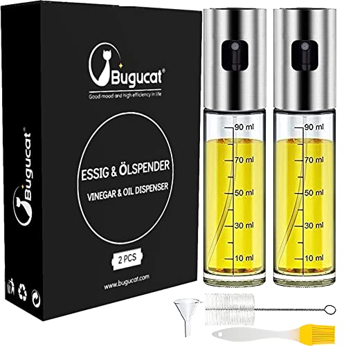 Bugucat Oil Sprayer Bottle 100 ml (2 Pieces), Vinegar Spray Oil Dispenser Oil Trigger Glass Bottle Transparent Oil Sprayer with Brush for BBQ Grilling Baking Roasting Cooking Salad Pasta Making