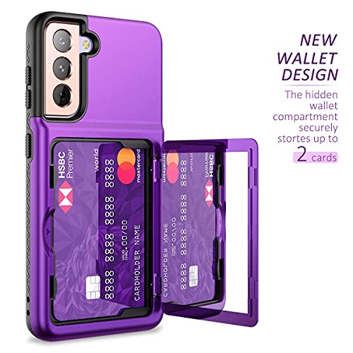 WeLoveCase for Samsung Galaxy S21 Wallet Case with Credit Card Holder & Hidden Mirror, Defender Protective Shockproof Heavy Duty Protection Phone Cover for Samsung Galaxy S21 5G, 6.2 inch Purple