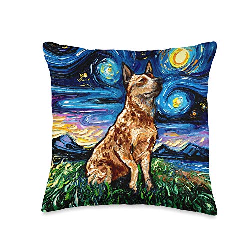 Sagittarius Gallery Red Heeler Starry Night Impressionist Cattle Dog Art by Aja Throw Pillow, 16x16, Multicolor