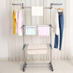 Kentaly Clothes Drying Rack, 3-Tier Collapsible Rolling Dryer Clothes Hanger Adjustable Large Stainless Steel Garment Laundry Racks with Foldable Wings Indoor Outdoor