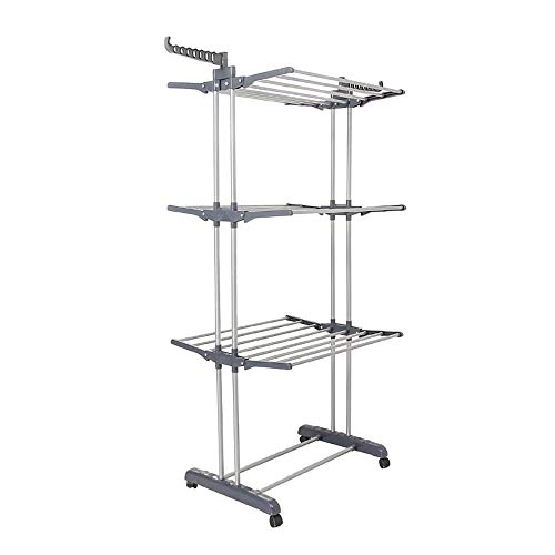 Kentaly Clothes Drying Rack, 3-Tier Collapsible Rolling Dryer Clothes Hanger Adjustable Large Stainless Steel Garment Laundry Racks with Foldable Wings Indoor Outdoor