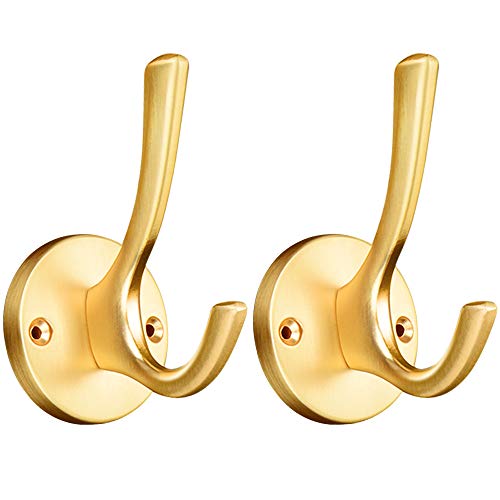 ZUONAI Gold Hooks 2 Pack Heavy Duty Brass Wall Gold Coat Hook Decorative Metal Hooks for Hanging Coats and Hat Hooks Towel Hooks for Bathrooms Clothing Hooks for Bedroom Key Hanger Double Hooks