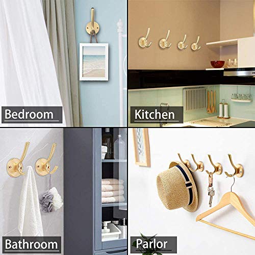 ZUONAI Gold Hooks 2 Pack Heavy Duty Brass Wall Gold Coat Hook Decorative Metal Hooks for Hanging Coats and Hat Hooks Towel Hooks for Bathrooms Clothing Hooks for Bedroom Key Hanger Double Hooks