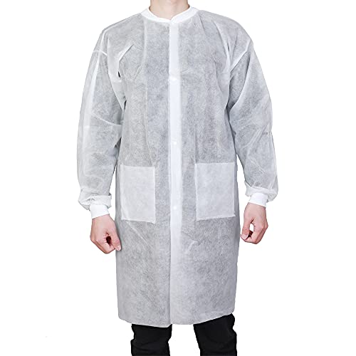 Greenour Disposable Lab Coats for Adults with Pockets Durable and Latex-free White Lab Jackets with Knitted Cuffs and Collar Pack of 10 (Large)