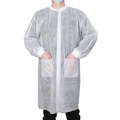 Greenour Disposable Lab Coats for Adults with Pockets Durable and Latex-free White Lab Jackets with Knitted Cuffs and Collar Pack of 10 (Large)