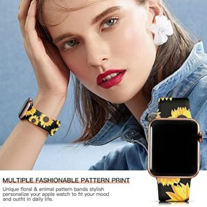 Lerobo Compatible with Apple Watch Bands 41mm 40mm 38mm Women Girls Fancy Cute Floral Silicone Printed Fadeless Pattern Replacement Sport Bands for iWatch SE Series 8 7 6 5 4 3 2 1,Black Sunflower S/M