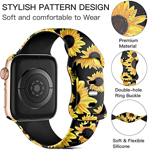 Lerobo Compatible with Apple Watch Bands 41mm 40mm 38mm Women Girls Fancy Cute Floral Silicone Printed Fadeless Pattern Replacement Sport Bands for iWatch SE Series 8 7 6 5 4 3 2 1,Black Sunflower S/M