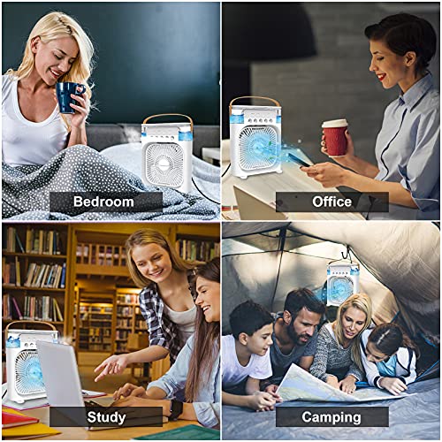 Portable Air Conditioner Fan,Personal Mini Small Evaporative Air Cooler with AC adapter,Desktop Cool Humidifier with 7 Colors LED Light,1/2/3 H Timer,3 Speeds & 3 Spray for Room Office Home Travel