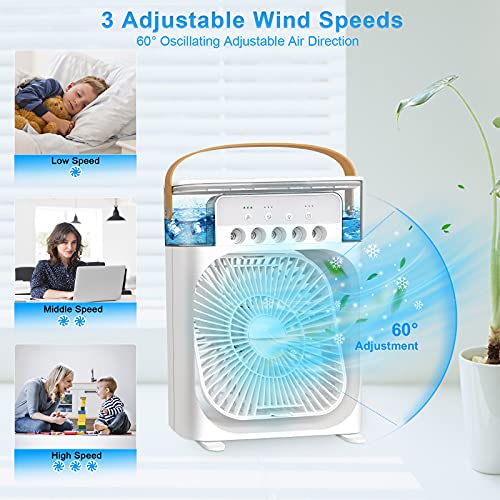 Portable Air Conditioner Fan,Personal Mini Small Evaporative Air Cooler with AC adapter,Desktop Cool Humidifier with 7 Colors LED Light,1/2/3 H Timer,3 Speeds & 3 Spray for Room Office Home Travel