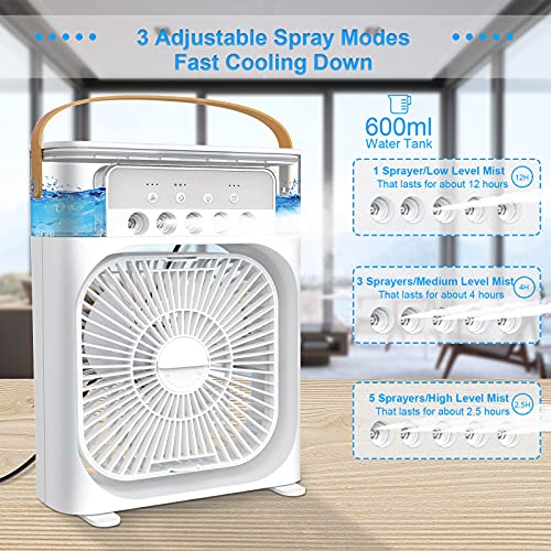 Portable Air Conditioner Fan,Personal Mini Small Evaporative Air Cooler with AC adapter,Desktop Cool Humidifier with 7 Colors LED Light,1/2/3 H Timer,3 Speeds & 3 Spray for Room Office Home Travel