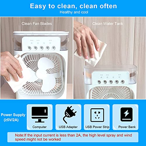 Portable Air Conditioner Fan,Personal Mini Small Evaporative Air Cooler with AC adapter,Desktop Cool Humidifier with 7 Colors LED Light,1/2/3 H Timer,3 Speeds & 3 Spray for Room Office Home Travel