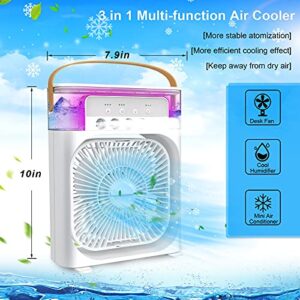 Portable Air Conditioner Fan,Personal Mini Small Evaporative Air Cooler with AC adapter,Desktop Cool Humidifier with 7 Colors LED Light,1/2/3 H Timer,3 Speeds & 3 Spray for Room Office Home Travel