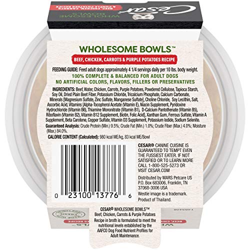 CESAR WHOLESOME BOWLS Adult Soft Wet Dog Food Beef, Chicken, Purple Potatoes & Carrots Recipe, (10) 3 oz. Bowls