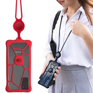 Bone】 Lanyard Phone Bubble Tie 2, Universal Phone Anti-Shock Bumper Case, Adjustable Neck Strap w/Phone Ring Holder for Apple iPhone 12, Samsung Galaxy, Google Pixel, Fits Phones Size 6.1-7.2"- Red