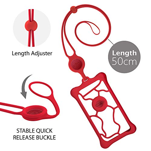 Bone】 Lanyard Phone Bubble Tie 2, Universal Phone Anti-Shock Bumper Case, Adjustable Neck Strap w/Phone Ring Holder for Apple iPhone 12, Samsung Galaxy, Google Pixel, Fits Phones Size 6.1-7.2"- Red