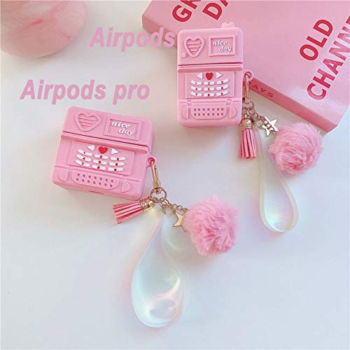 Cute Silicone Girly Pink Pro Clasic Retro Telephone Shaped Headphone Case Compatible with Airpods Pro and Airpod3 Headphones Funny Cover with Ball Pom Pom Keychian for Girls Women Best Gift