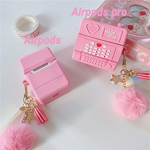 Cute Silicone Girly Pink Pro Clasic Retro Telephone Shaped Headphone Case Compatible with Airpods Pro and Airpod3 Headphones Funny Cover with Ball Pom Pom Keychian for Girls Women Best Gift