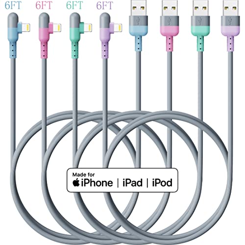 iPhone Charger 90 Degree Right Charging Cord 4Colorful Lightning Cable 6FT 4Packs [Apple MFi Certified] for Apple Charger, iPhone 13/12/11/SE/Xs/XS Max/XR/X/8 Plus/7/6 Plus (Grey+)