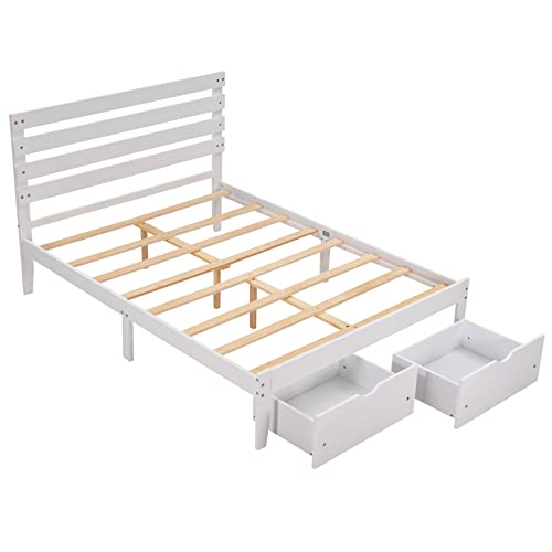 Full Bed with Drawers,Wood Bed Frame with Headboard and Footboard Mattress Foundation Wood Bed Platform for Boys, Girls, Kids, Young Teens and Adults,White
