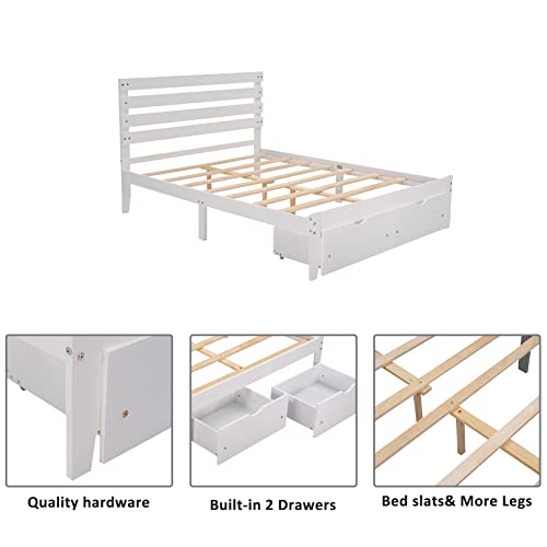 Full Bed with Drawers,Wood Bed Frame with Headboard and Footboard Mattress Foundation Wood Bed Platform for Boys, Girls, Kids, Young Teens and Adults,White