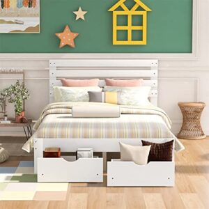 Full Bed with Drawers,Wood Bed Frame with Headboard and Footboard Mattress Foundation Wood Bed Platform for Boys, Girls, Kids, Young Teens and Adults,White