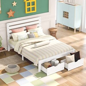 Full Bed with Drawers,Wood Bed Frame with Headboard and Footboard Mattress Foundation Wood Bed Platform for Boys, Girls, Kids, Young Teens and Adults,White