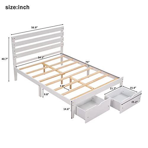 Full Bed with Drawers,Wood Bed Frame with Headboard and Footboard Mattress Foundation Wood Bed Platform for Boys, Girls, Kids, Young Teens and Adults,White