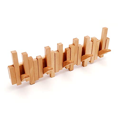 Desainoph Wooden Coat Rack Wall Mounted Sticks Multi Rack Solid Handmade Natural wood Artwork with 5 Flip-Down Unique Modern Hooks for Coats Bag Hat Umbrella