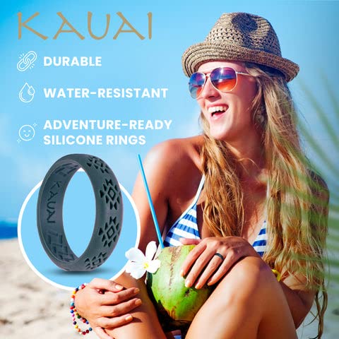 KAUAI Silicone Rings for Women - Pretty Rubber Rings Perfect as Promise Ring, Engagement Ring or Men & Womens Wedding Band - Stackable, Breathable, Lightweight, Soft, & Thin Comfort Women’s Silicone Wedding Bands (Timeless Elegance Series)