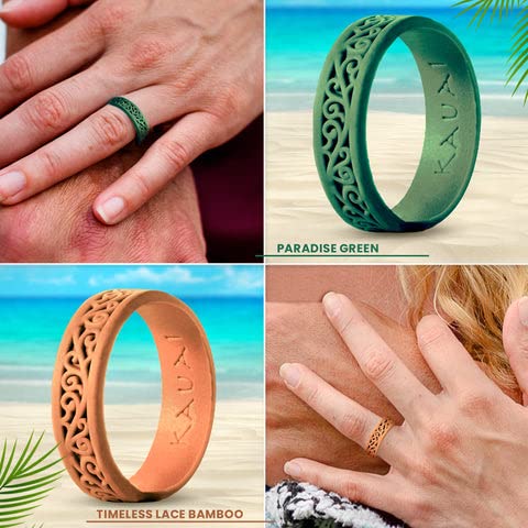 KAUAI Silicone Rings for Women - Pretty Rubber Rings Perfect as Promise Ring, Engagement Ring or Men & Womens Wedding Band - Stackable, Breathable, Lightweight, Soft, & Thin Comfort Women’s Silicone Wedding Bands (Timeless Elegance Series)