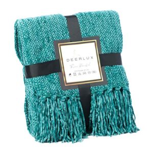 decorative cozy chenille throw blanket with fringe, turquoise