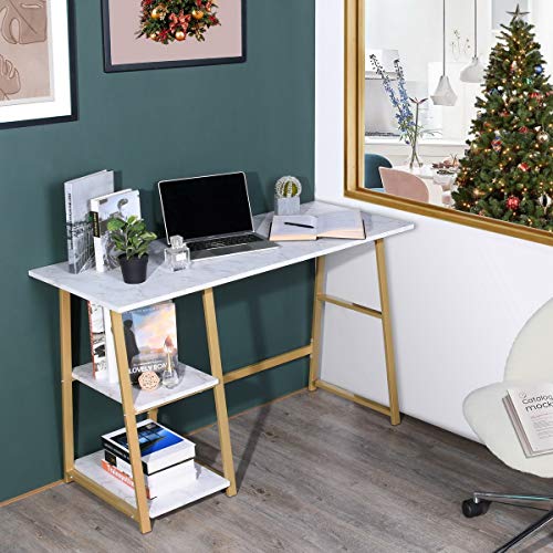 RAAMZO Gold and Faux Marble Finish Computer Writing Study Trestle Desk Modern Vintage Home Office