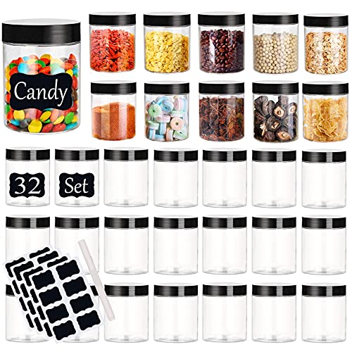 Plastic Jars with Lids Empty Slime Cosmetics Containers Clear Gift Food Jars Round PET Cream Jars with Black Lids Pen Labels for Kitchen Storage Spices Dry Food Body Butter Slime Making (8OZ 32PCS）