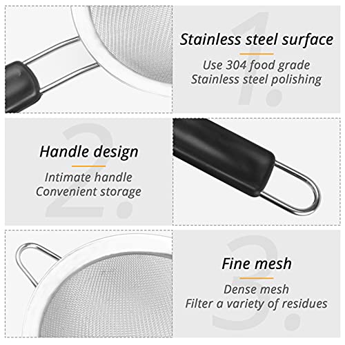 KUFUNG Stainless Steel Mesh Strainer - Strainers Fine Mesh & Wire Sieve with Non-Slip Handles - Kitchen Strainer For Sifting, Straining, & Draining (L, Black)