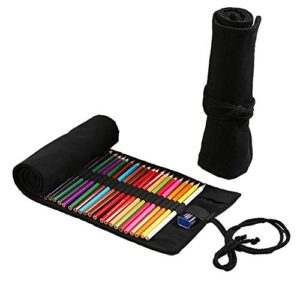 handmade canvas pencil wrap case,moiky large capacity 24 slots roll-up storage pen pouch for drawing colored pencil holder organizer,black