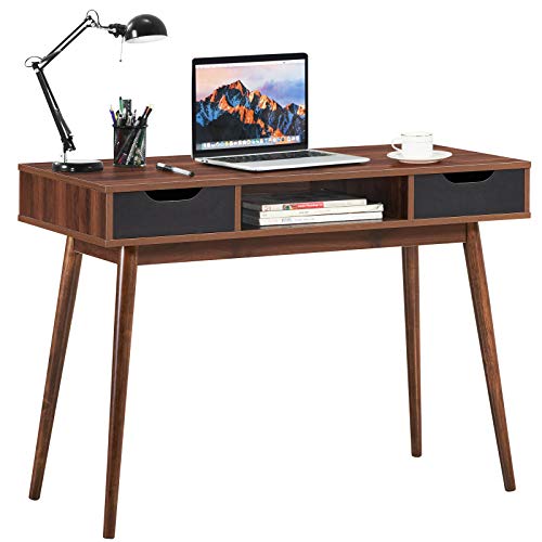 Tangkula Mid Century Desk with Drawers, Modern Writing Study Desk, Home Office Desk Computer Desk with Solid Wood Legs & Open Shelf, Study Workstation Multifunctional Vanity Table Desk for Bedroom