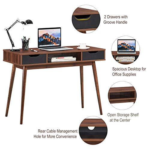 Tangkula Mid Century Desk with Drawers, Modern Writing Study Desk, Home Office Desk Computer Desk with Solid Wood Legs & Open Shelf, Study Workstation Multifunctional Vanity Table Desk for Bedroom