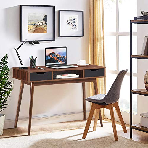 Tangkula Mid Century Desk with Drawers, Modern Writing Study Desk, Home Office Desk Computer Desk with Solid Wood Legs & Open Shelf, Study Workstation Multifunctional Vanity Table Desk for Bedroom