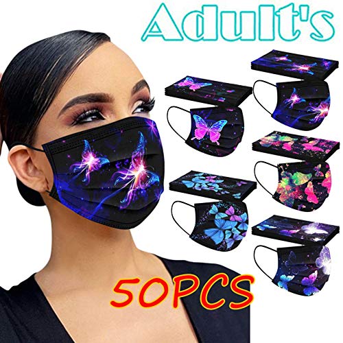 50 Pack Disposable Face Mask for Adult With Designs Cute Butterfly Printed Paper Masks Full Face Cover Protections (Butterfly Theme/02)