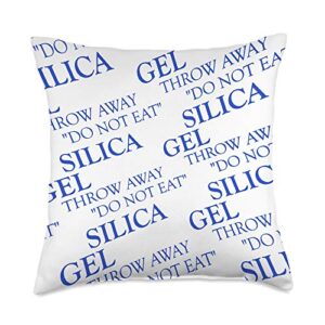 silly snacky snacks do not eat silica gel desiccant silica gel do not eat away blue white throw pillow, 18x18, multicolor